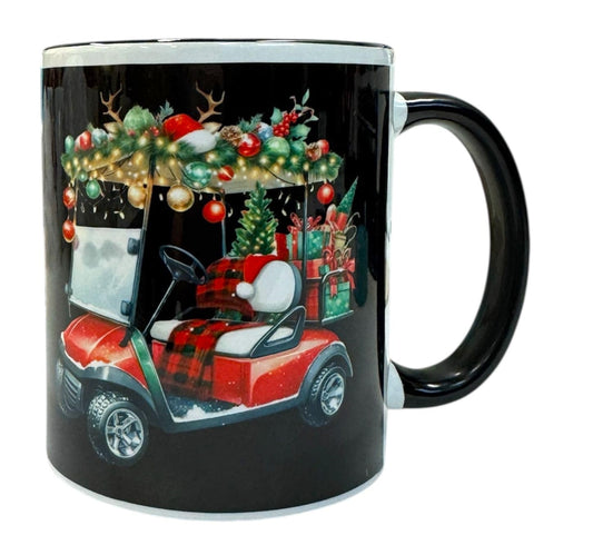 “OH Christmas TEE” Golf Mug with Double-Sided Wooden Coaster | Funny 12oz Ceramic Christmas Mug for Golf Lovers | Holiday Gift/Tasse de Noël Golf 12oz avec Dessous de Verre
