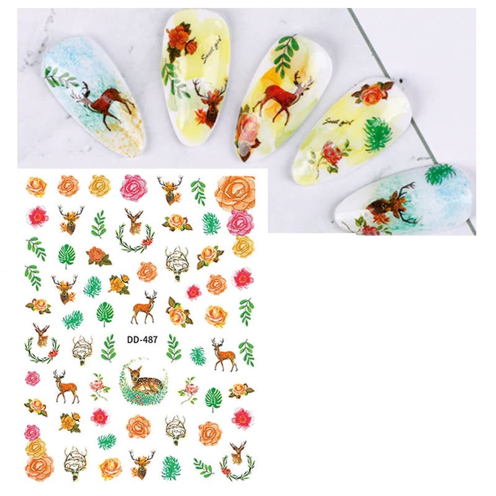 Deer and Nature Inspired Different Assortment of Roses Leaves and Flowers Along with Bambi Deers and Antlers Buck