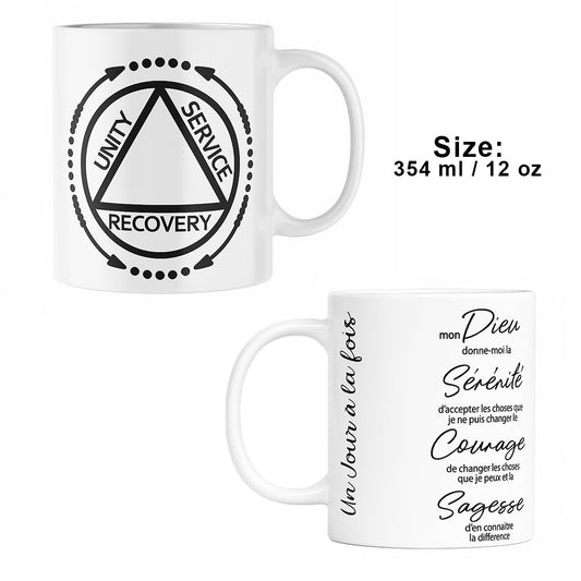 12 oz Handmade Recovery Mug – Unity • Service • Recovery Design + French Serenity Prayer/Tasse faite à la Main 12 oz – Unité • Service • Rétablissement + Prière de la Sérénité