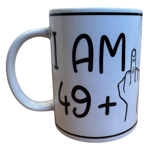 Handmade 15oz White Ceramic Mug – Funny “I AM 49 + Middle Finger = 50” Design – Includes Matching Coaster & Keychain – Gag Birthday Gift – Cadeau Anniversaire Humour