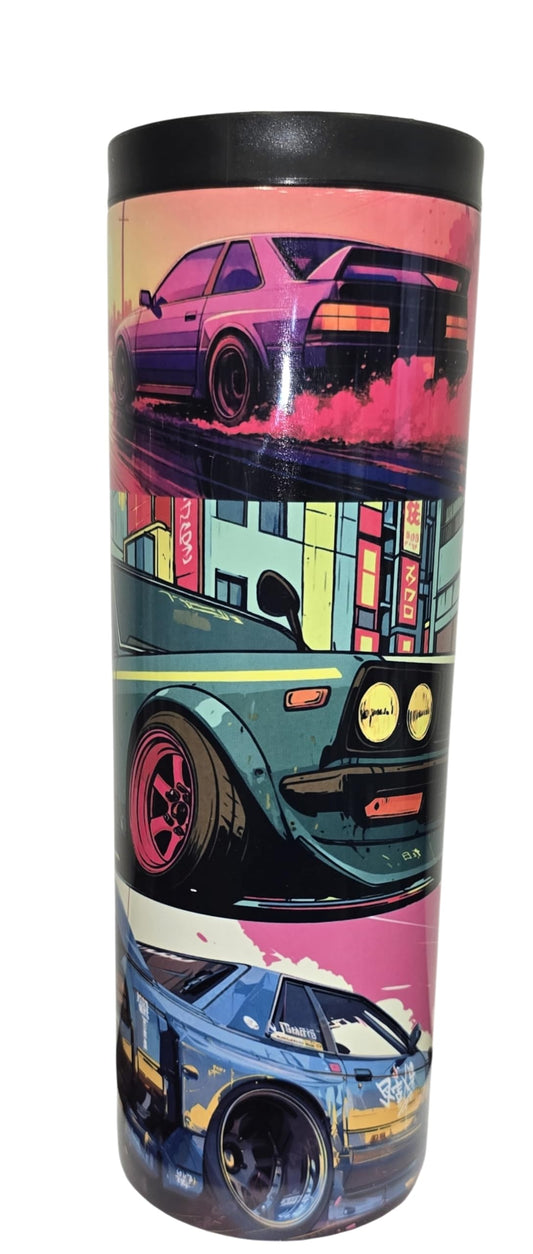 20oz Isothermic Car Enthusiast Tumbler with Straw – JDM Street Racing Art, Neon Drift Cars, Highway Road Design Handmade Sublimation/Gobelet Isothermique 20oz Voiture Drift Artisanal