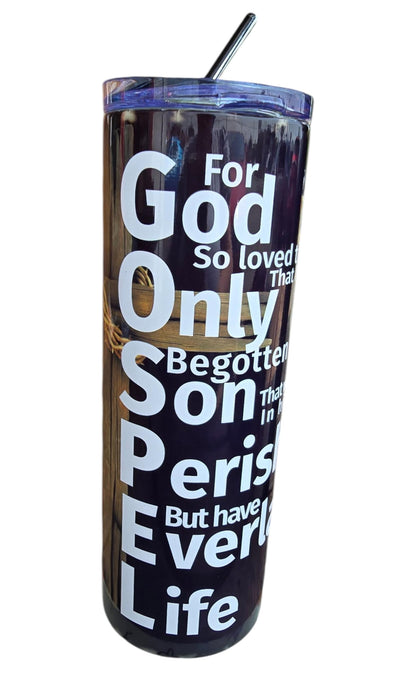 Handmade 20oz Black Insulated Tumbler – John 3:16 “Gospel” Scripture with Cross – Includes Matching Coaster – Christian Gift Mug – Cadeau Chrétien