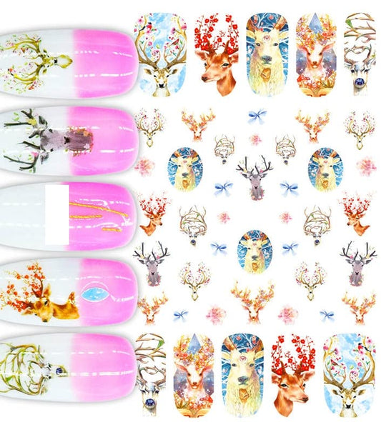 Full Nail Wrap Featuring Different Deer Designs with Flowers Lots of Stickers of Antlers in Different Poses and Colors