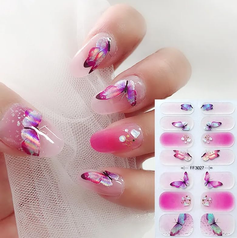 Ombre Metallic Watercolor Nail Wraps with Rhinestones, Gold Foil, and Glitter in Purple and Pink Green Orange - Perfect for Stunning Nail Art Designs!