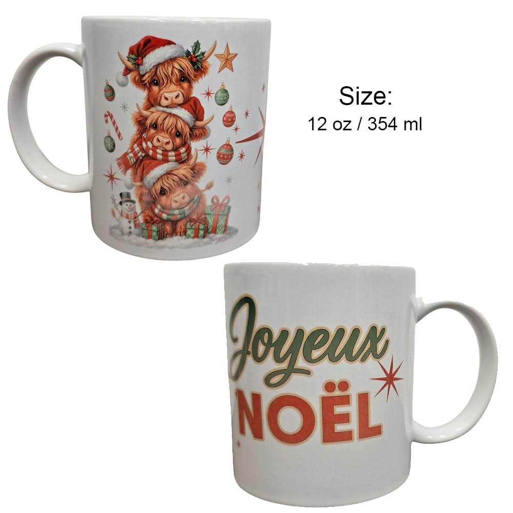 Highland Cow Christmas Mug with Matching Coaster/Tasse de Noël Vache Highland + Sous-Verre – 12oz