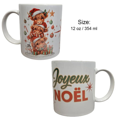 Highland Cow Christmas Mug with Matching Coaster/Tasse de Noël Vache Highland + Sous-Verre – 12oz