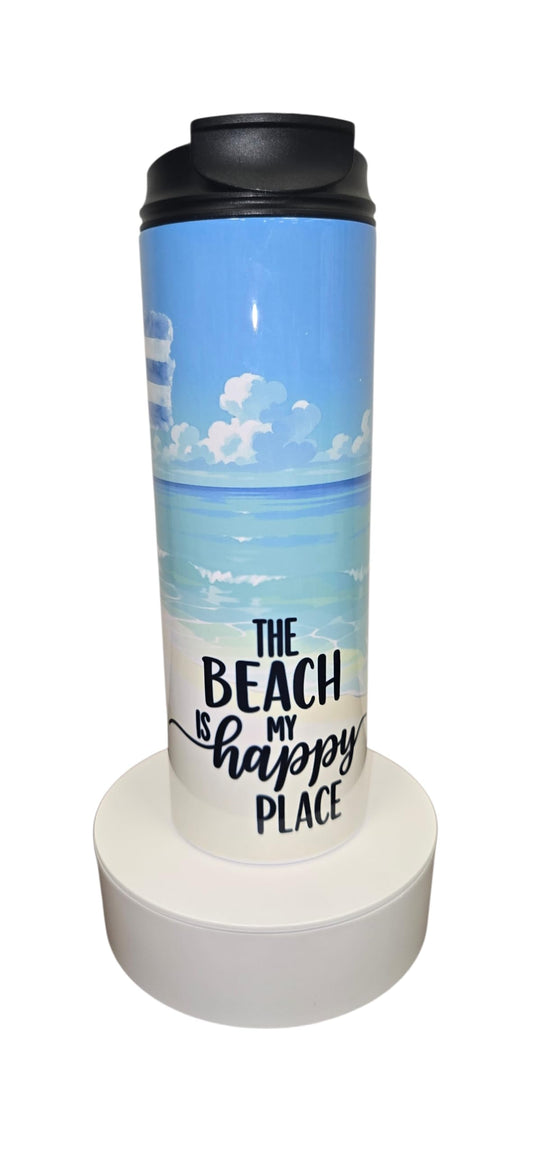 20oz Isothermic Tumbler with Double-Sip Lid – Beach Scene, Cuban Flag & “The Beach is My Happy Place” Handmade Sublimation/Gobelet Isothermique 20oz Plage Drapeau Cubain Artisan