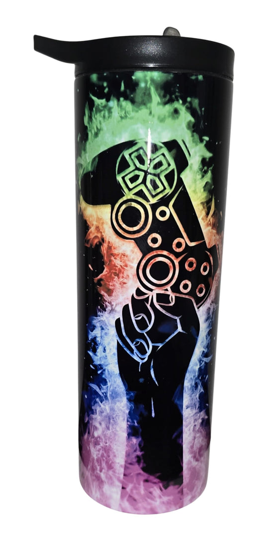 20oz Isothermic Gaming Tumbler with Straw – Neon Controller Icon Art, Fire & Ice Colors, Gamer Gift Handmade Sublimation/Gobelet Isothermique 20oz Jeu Vidéo Néon Artisan