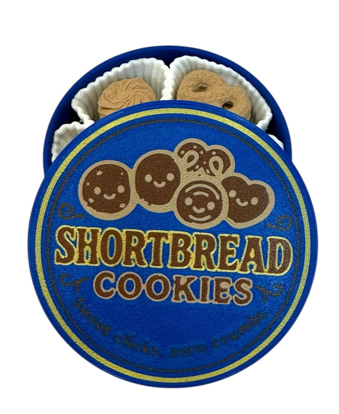NOT A Toy – Shortbread Cookie Tin–Style Adult Desk Clicker (Blue), Decorative Desk Accessory, Ages 14+ / Accessoire de Bureau Décoratif - Tactile Desk Accessory - Sensory Desk Object