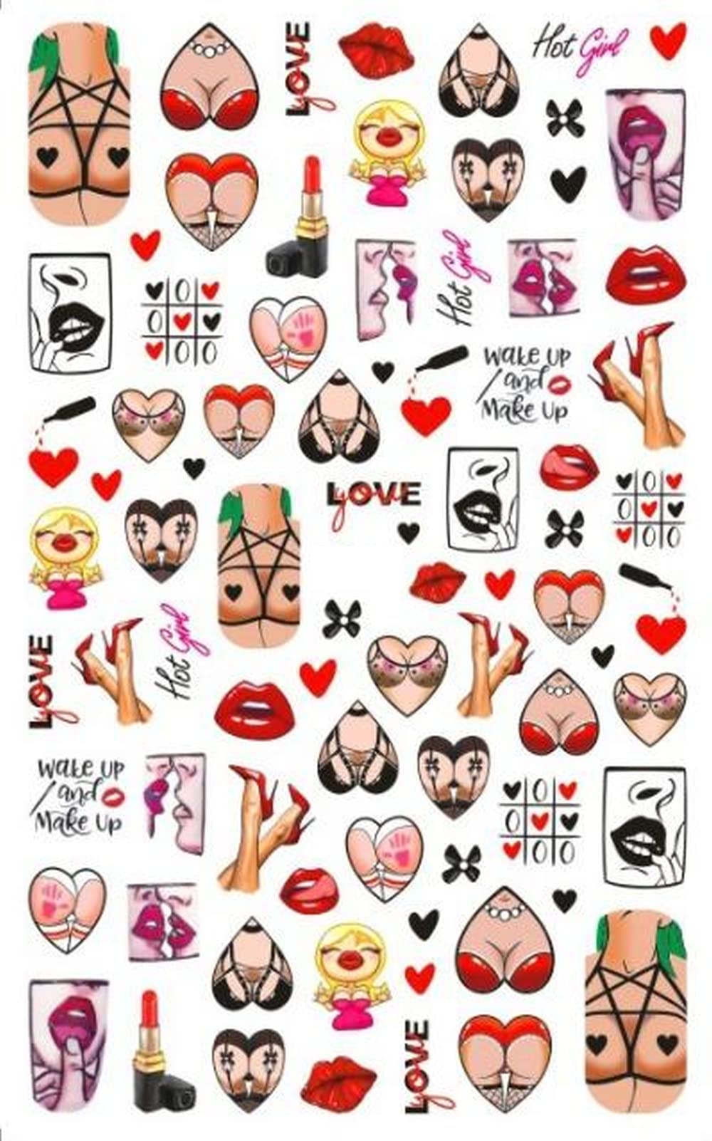 Sultry Red Lips Mouth Boobs Butts XOXO Love Kiss Nail Decal Punk Gothic Rockabilly Nail Stickers Decals Sticker Salon Quality Nail Art - Great for Halloween!