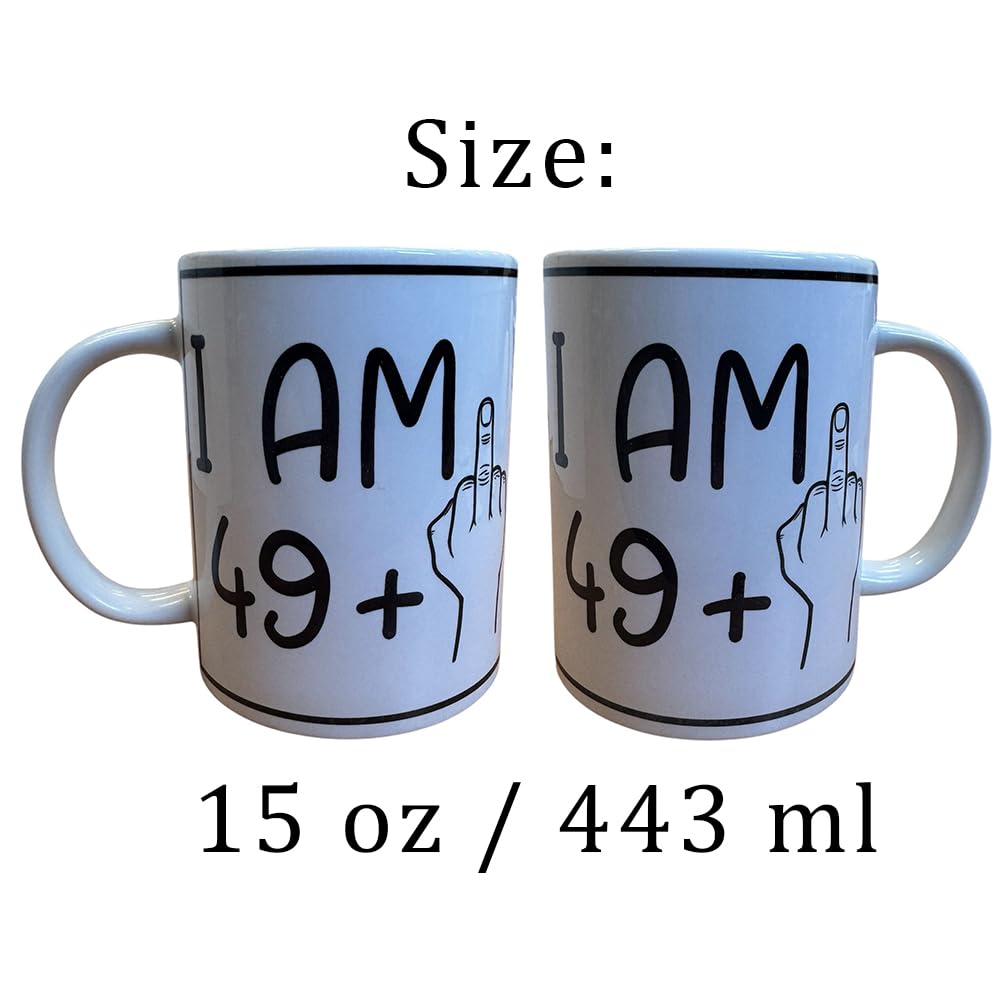 Handmade 15oz White Ceramic Mug – Funny “I AM 49 + Middle Finger = 50” Design – Includes Matching Coaster & Keychain – Gag Birthday Gift – Cadeau Anniversaire Humour