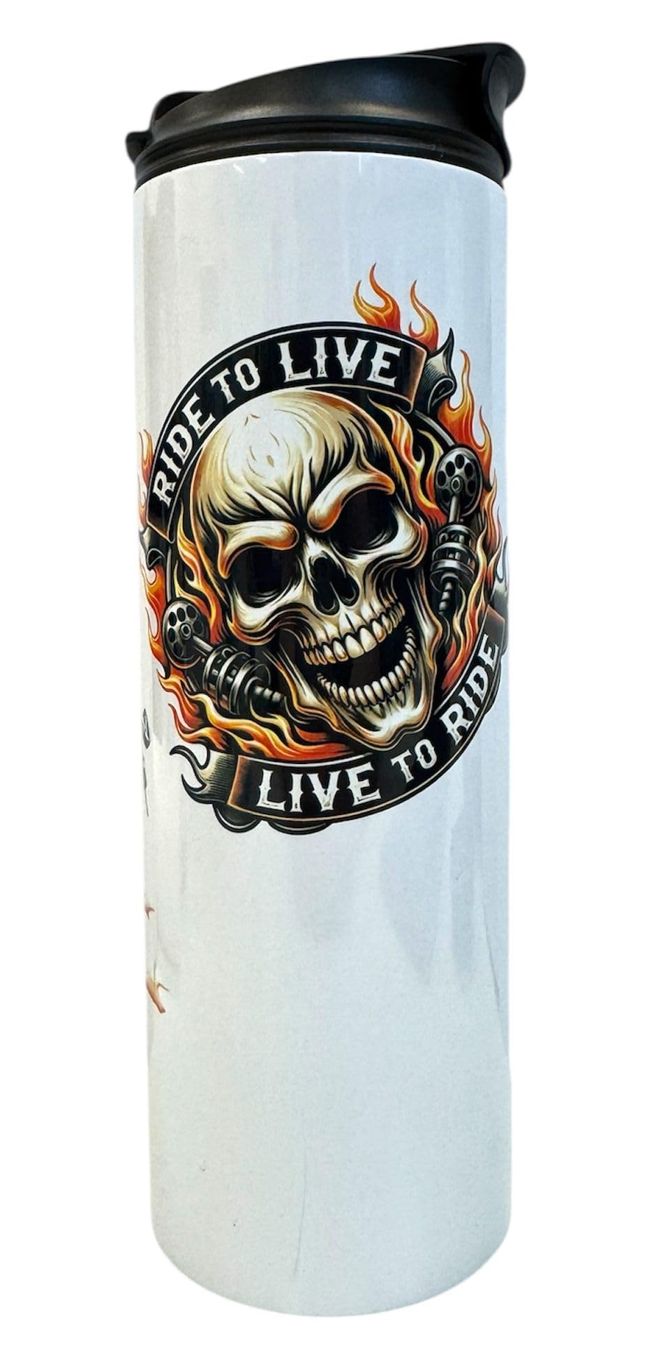 20oz Isothermic Tumbler with Double-Sip Lid – Fiery Motorcycle Skull “Ride to Live Live to Ride” Design, Stainless Steel Travel Cup/Gobelet isothermique 20 oz Moto tête de Mort feu Biker