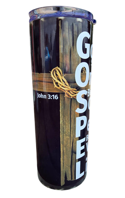 Handmade 20oz Black Insulated Tumbler – John 3:16 “Gospel” Scripture with Cross – Includes Matching Coaster – Christian Gift Mug – Cadeau Chrétien