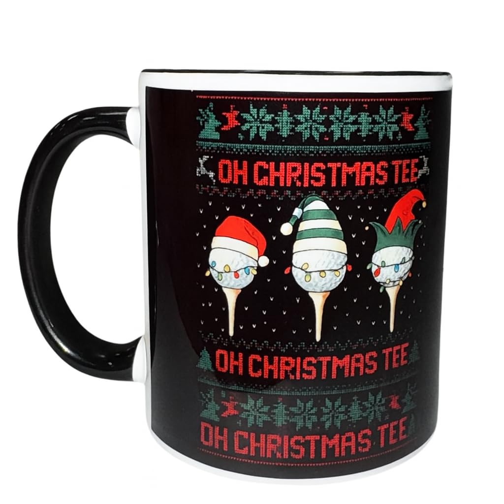 “OH Christmas TEE” Golf Mug with Double-Sided Wooden Coaster | Funny 12oz Ceramic Christmas Mug for Golf Lovers | Holiday Gift/Tasse de Noël Golf 12oz avec Dessous de Verre
