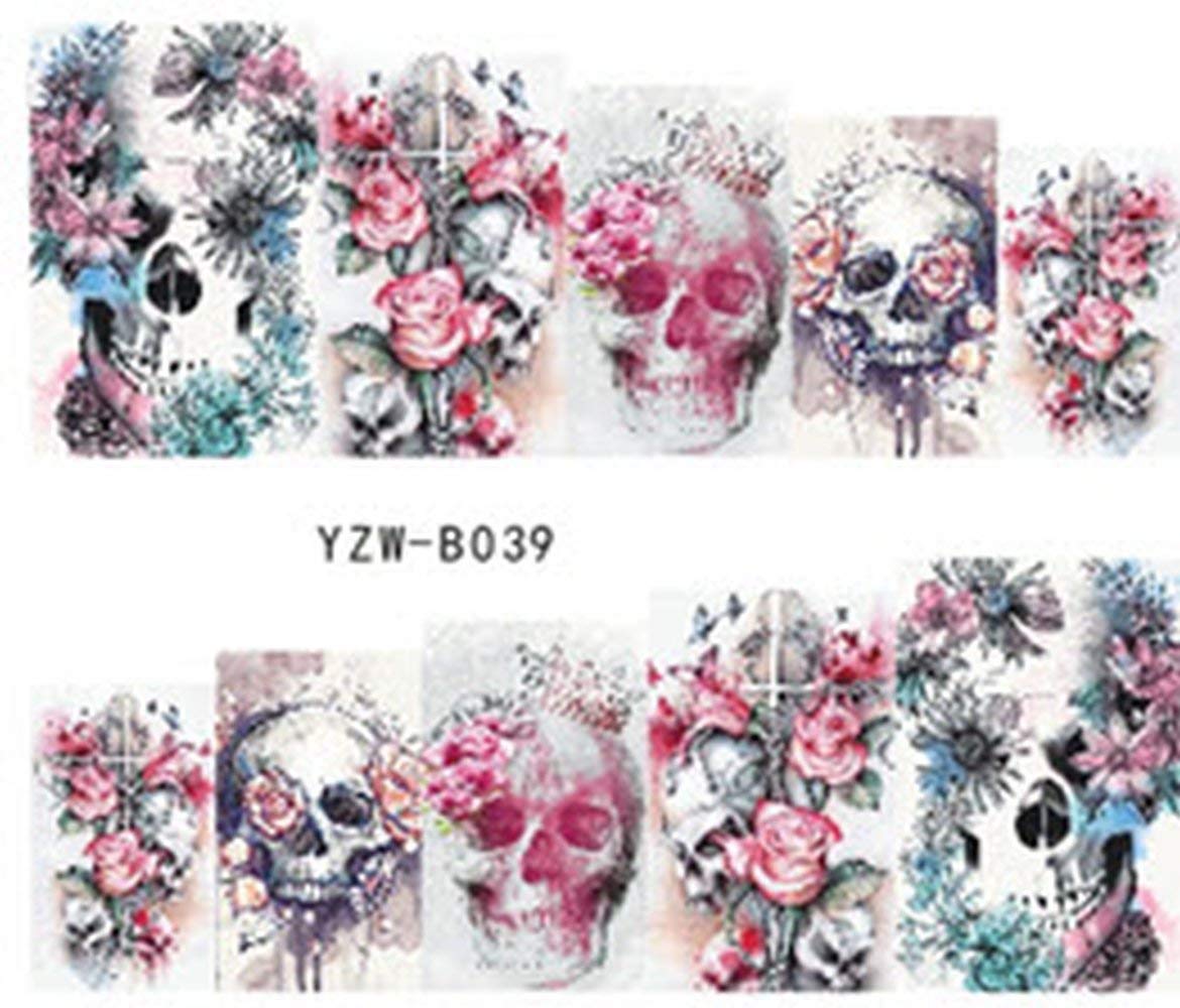 Full Set of 10 Punk Gothic Rockabilly SKULL and ROSES Nail Wrap Decals Sticker Salon Quality Nail Art - Great for Halloween! 1 Sheet