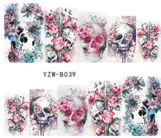 Full Set of 10 Punk Gothic Rockabilly SKULL and ROSES Nail Wrap Decals Sticker Salon Quality Nail Art - Great for Halloween! 1 Sheet