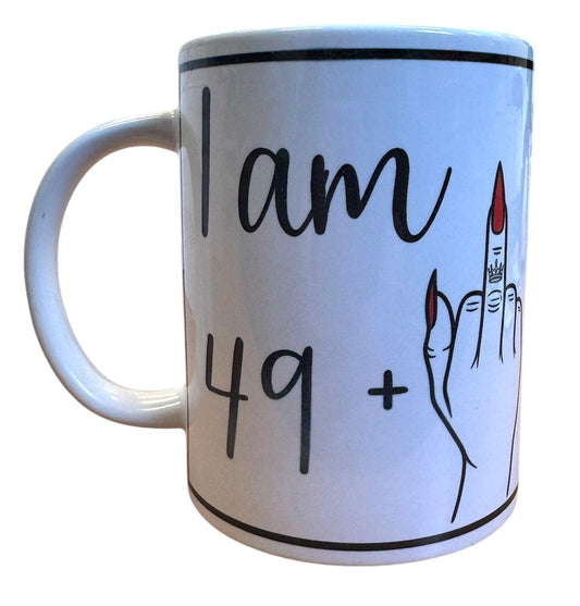 Handmade 15oz White Ceramic Mug – Funny “I AM 49 + Middle Finger = 50” with Red Nails – Includes Matching Coaster & Keychain – Gag Birthday Gift for Women