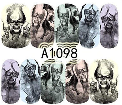 4 Full Sheet Skull of Assorted Water Nail Decal Punk Gothic Rockabilly Skull Nail Wrap Decals Sticker Salon Quality Nail Art - Great for Halloween!