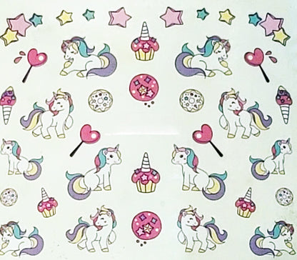 Lot of 3 sheet Unicorn Inspired Water Decals for Fingernail art nail Art Rainbow Ice Cream Hearts Cupcakes