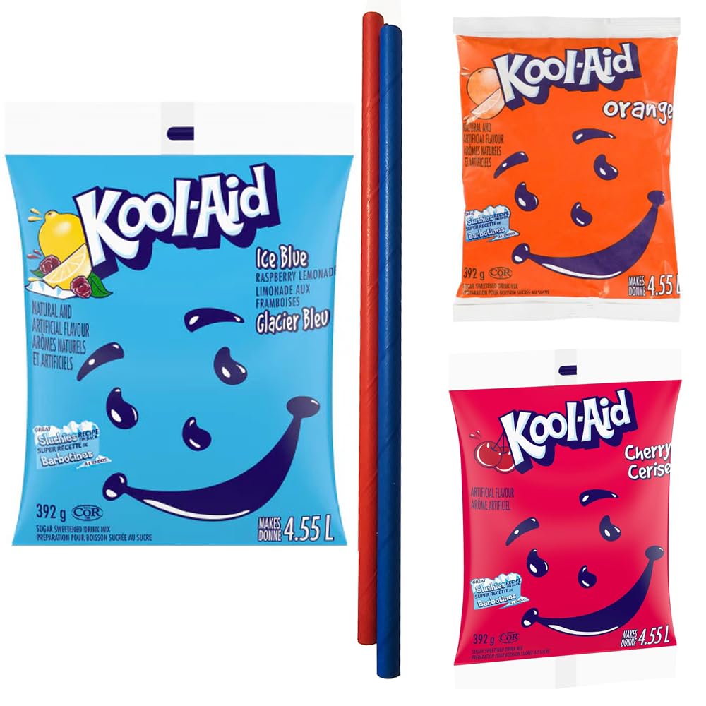 Orange Drink Mix Crystals, Cherry Sweetened Mix - Ice Blue Raspberry Lemonade Slushie Mix 392g Each ( 3 packs in bundle ) - Comes with 2 Paper Straws and 1 Exclusive PALiSOL CREATiONS Stickers Red Drink - Blue Mix - Orange