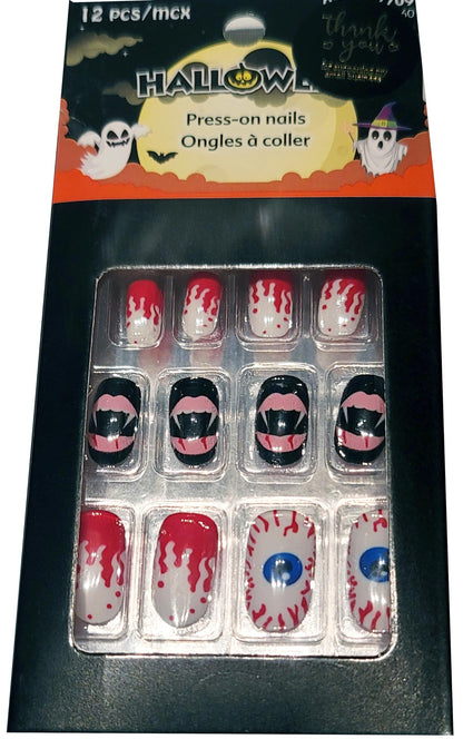 Ghoulish Glamour: 12 Pcs Fake Temporary White and Red Blood Splatter Halloween Press-On Nails with Eyeballs and Vampire Fangs