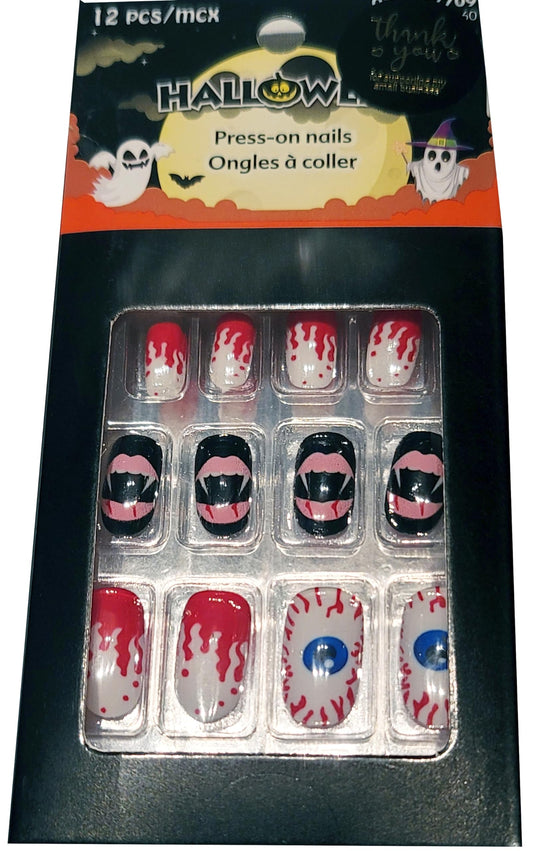 Ghoulish Glamour: 12 Pcs Fake Temporary White and Red Blood Splatter Halloween Press-On Nails with Eyeballs and Vampire Fangs