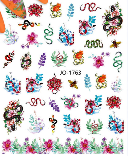 Snakes and Floral Nail Stickers for Fingernail Art - Snakes Coil Snake Flowers Gothic Goth Inspired