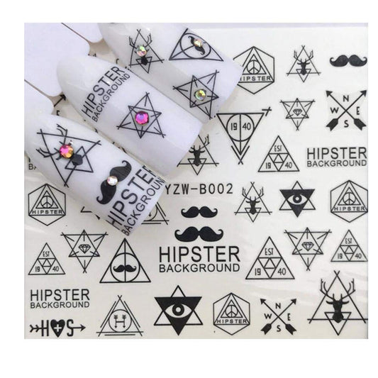 Full Sheet Black Minimalistic Indie Insperational Mustach Hippster Nail Sticker Arrow - Love - Salon Quality Nail Art Nail Wrap Nail Decals - 1 Sheet