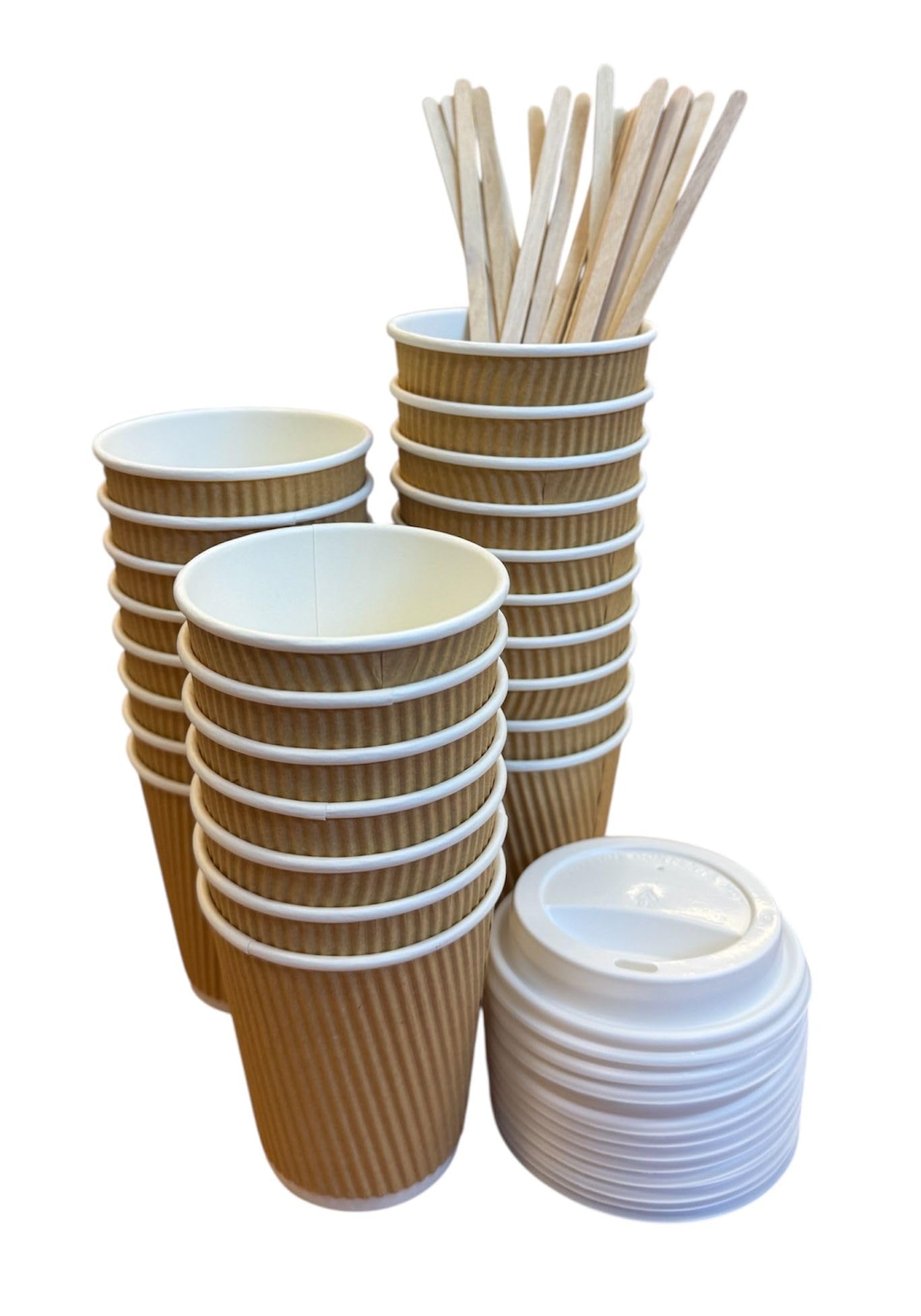 25 ct 8 oz Kraft Ripple Coffee Cups with Lids + Sweetener & Creamer Kit – Includes Sugar, Stir Sticks & Coaster | Gobelets rouges 8 oz avec couvercles + sucre, crème, bâtonnets, dessous-de-verre