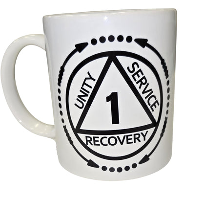 12 oz Handmade Recovery Mug 1 Year – Unity • Service • Recovery Design + French Serenity Prayer/Tasse faite à la Main 12 oz – Unité • Service • Rétablissement + Prière de la Sérénité - 1 ans