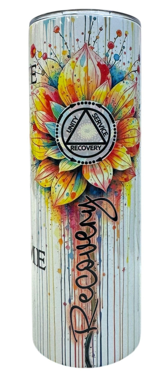 20oz Isothermic Tumbler with Sip Lid – French Serenity Prayer, Colourful Flower & AA Recovery “One Day at a Time” Design/Gobelet isothermique 20oz couvercle à boire prière sérénité français