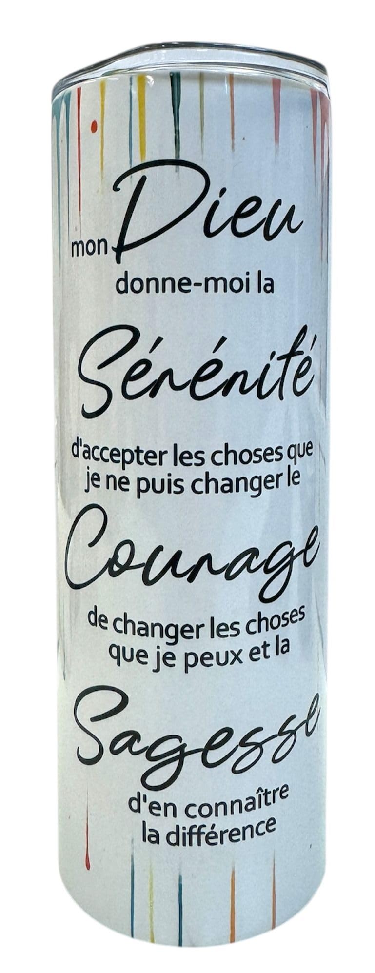 20oz Isothermic Tumbler with Sip Lid – French Serenity Prayer, Colourful Flower & AA Recovery “One Day at a Time” Design/Gobelet isothermique 20oz couvercle à boire prière sérénité français