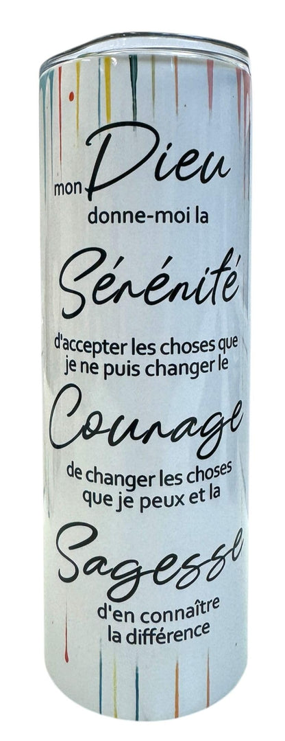 20oz Isothermic Tumbler with Sip Lid – French Serenity Prayer, Colourful Flower & AA Recovery “One Day at a Time” Design/Gobelet isothermique 20oz couvercle à boire prière sérénité français