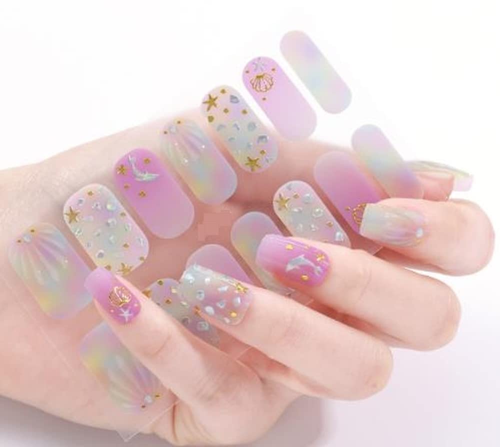 Mermaid Inspired Seashell Fingernail Art with Dolphin Stars and Shelves Broken Mirror Effects Pink Green Blue Yellow