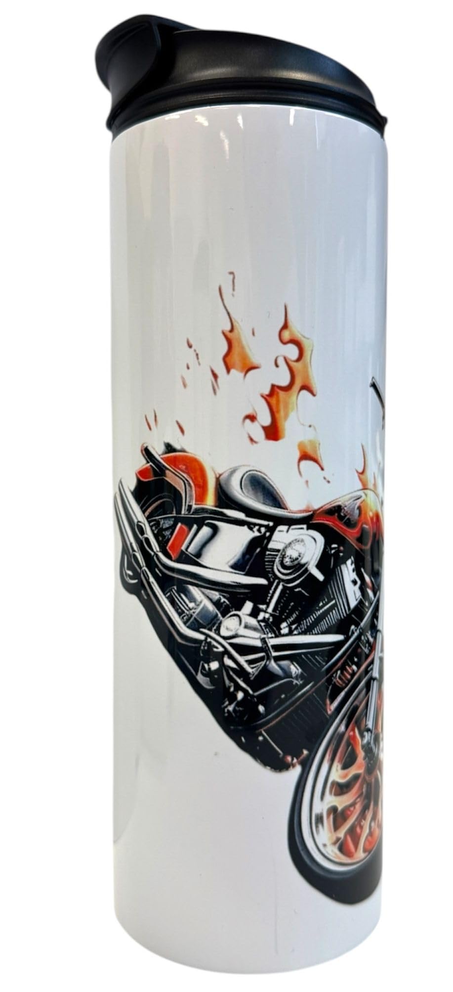 20oz Isothermic Tumbler with Double-Sip Lid – Fiery Motorcycle Skull “Ride to Live Live to Ride” Design, Stainless Steel Travel Cup/Gobelet isothermique 20 oz Moto tête de Mort feu Biker