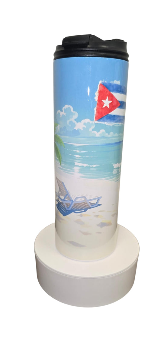20oz Isothermic Tumbler with Double-Sip Lid – Beach Scene, Cuban Flag & “The Beach is My Happy Place” Handmade Sublimation/Gobelet Isothermique 20oz Plage Drapeau Cubain Artisan