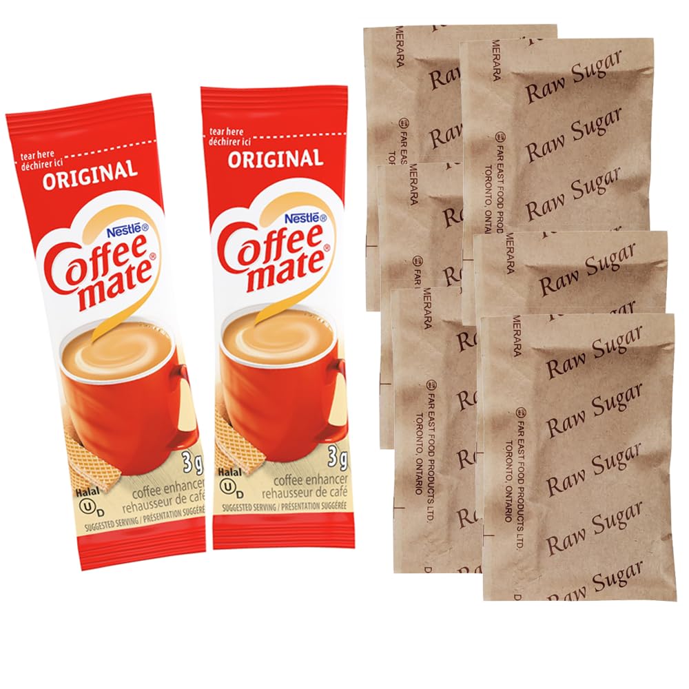 8 oz Black Ripple Coffee Cups and Lids - Coffee Creamer & Sugars Bundle - 25 each White Sugar packets, Raw Sugar packets, Sweet & Low, wood stick, Coffee Mate Original Creamer