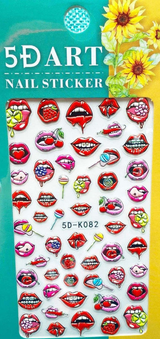 5D Fingernail Art Stickers with Lips Smile Lollipop Tongue bite Lemon Heart Cheese Lips Mouth Vampire Teeth Cherry Biting Lollypop Sucker Suckers Fangs