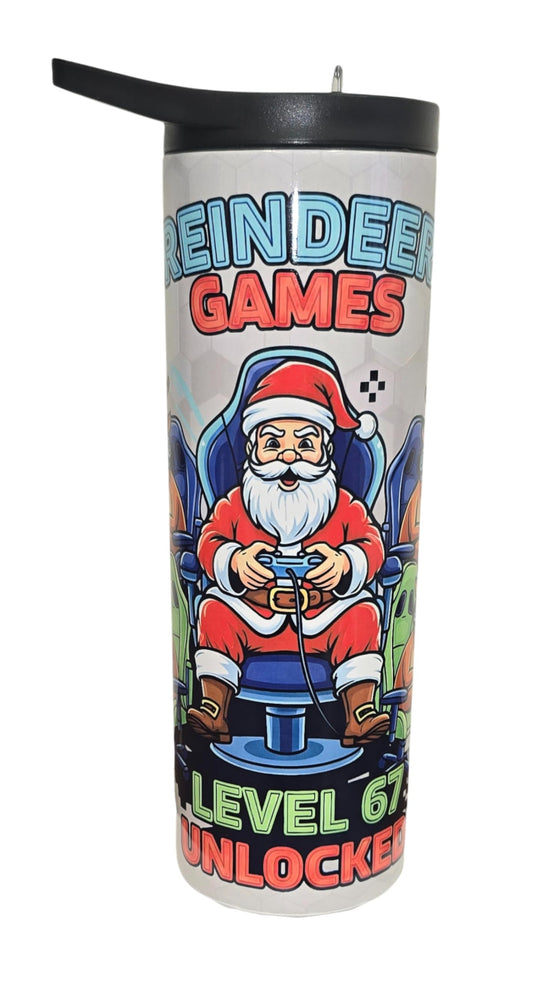 20oz Isothermic Tumbler with Straw Lid – Viral “Reindeer Games Level 67 Unlocked” Santa Design Handmade Sublimation/Gobelet Isothermique 20oz Paille Père Noël Renne Artisan