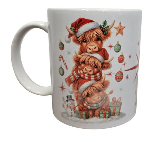 Highland Cow Christmas Mug with Matching Coaster/Tasse de Noël Vache Highland + Sous-Verre – 12oz