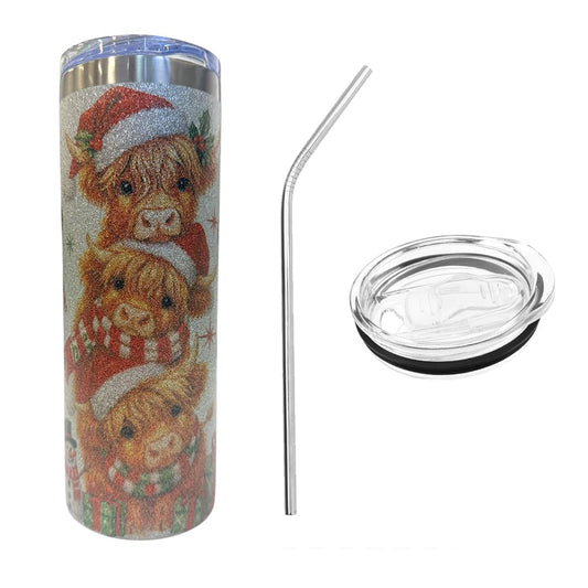 Festive Highland Cow Christmas Glitter Tumbler – 20oz Stainless Steel Cup with Metal Straw | Silver Sparkle Finish, Double-Sided Holiday Design | Gobelet Brillant de Noël 20oz