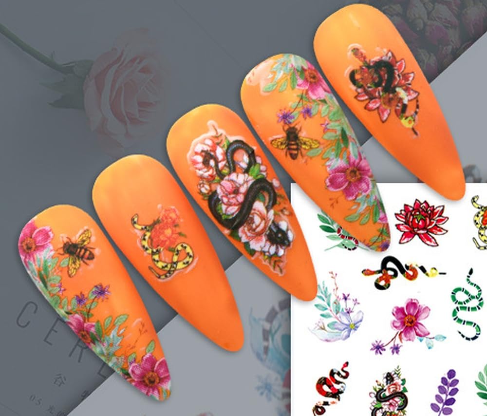 Snakes and Floral Nail Stickers for Fingernail Art - Snakes Coil Snake Flowers Gothic Goth Inspired