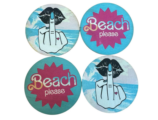 4-Pack Handmade “Beach Please” Double-Sided Wooden Coasters – Round 10cm – Kissy Middle Finger & Tropical Print – Sassy Gift Idea – PaLiSoL CREATiONS Exclusive