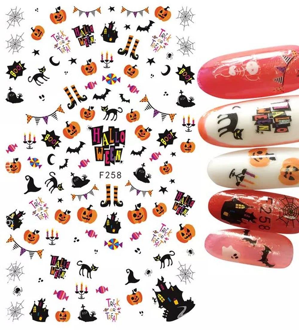 Witch Candy Ghost Halloween Finger nail Stickers Trick or treat Halloween jack o lanterns, bats, moons, crosses black white orange