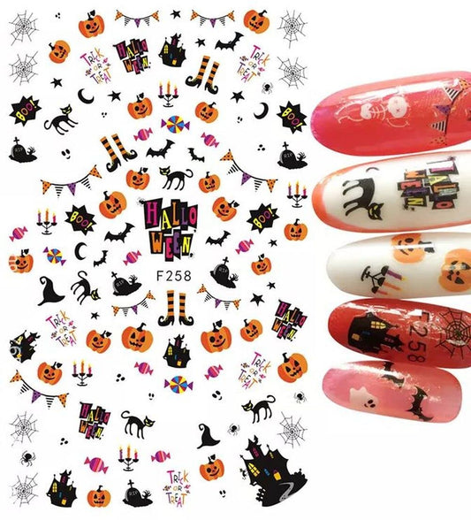 Witch Candy Ghost Halloween Finger nail Stickers Trick or treat Halloween jack o lanterns, bats, moons, crosses black white orange