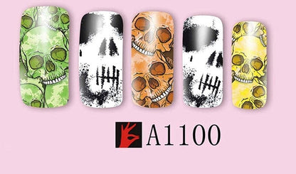 4 Full Sheet Skull of Assorted Water Nail Decal Punk Gothic Rockabilly Skull Nail Wrap Decals Sticker Salon Quality Nail Art - Great for Halloween!