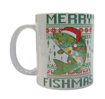 Merry Fishmas Ceramic Mug 12oz with Double-Sided Wooden Coaster | Funny Fishing Christmas Gift Set | Mug + Coaster Bundle – Tasse de Noël Pêcheur