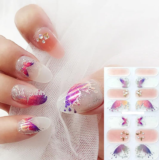Ombre Metallic Butterfly Nail Wraps with Rhinestones, Stars, and Glitter in Purple and Pink - Perfect for Stunning Nail Art Designs!