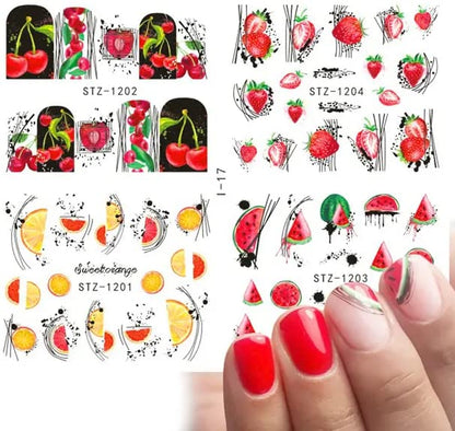 Summer Fruits Water Decals for Fingernail Art - Cherry - Cherries - Orange - Grapefruit - Watermelon - Strawberry - Strawberries