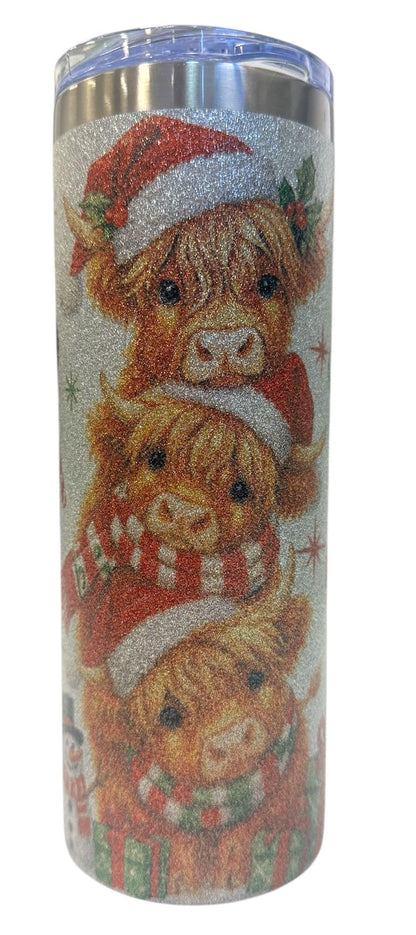 Festive Highland Cow Christmas Glitter Tumbler – 20oz Stainless Steel Cup with Metal Straw | Silver Sparkle Finish, Double-Sided Holiday Design | Gobelet Brillant de Noël 20oz